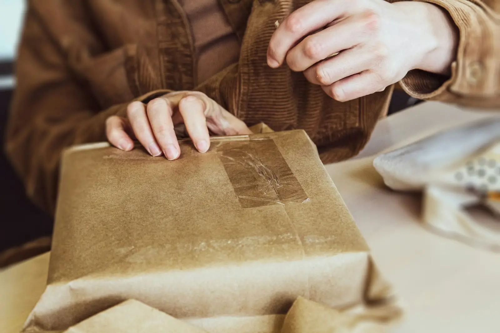 Hände kleben ein in Packpapier gewickeltes Paket zu